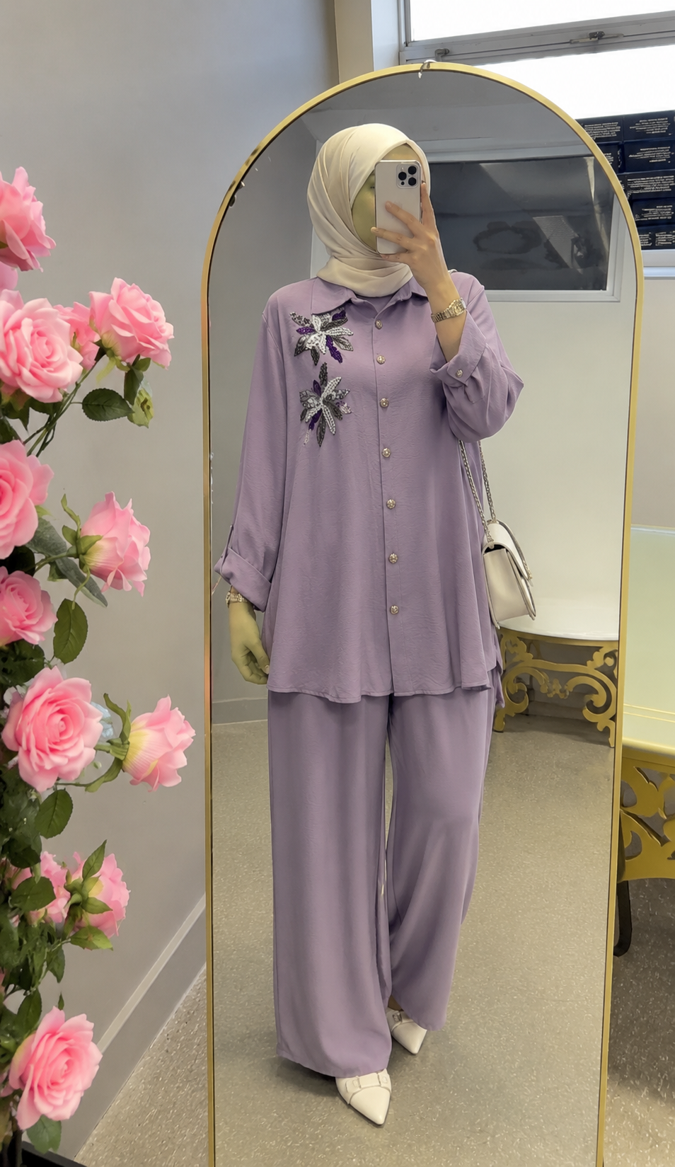 Lavender Embroidered Co-ord Set – Tunic & Wide-Leg Pants