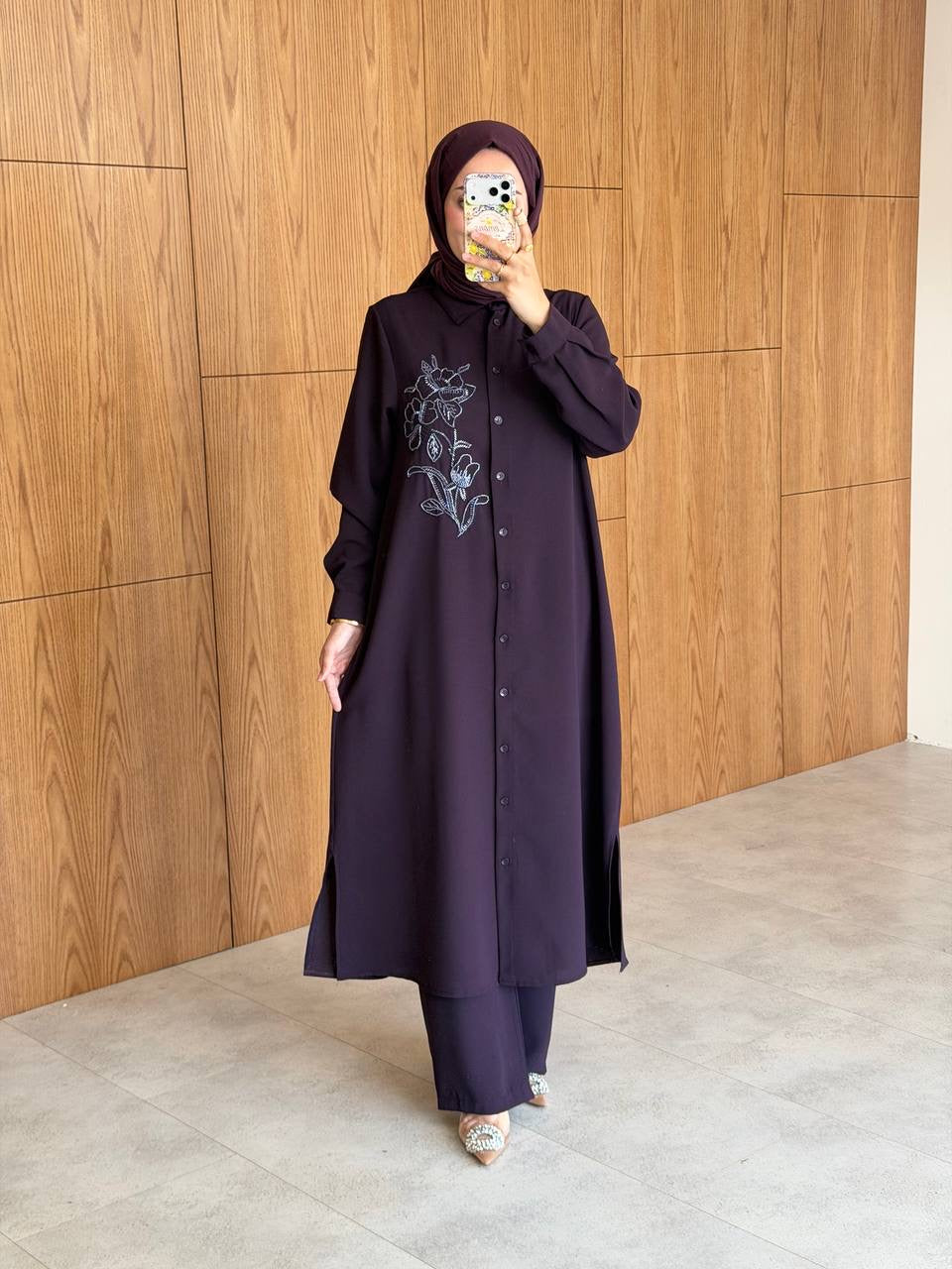 Floral Embroidered Long Shirt Co-ord Set - Modest Elegance