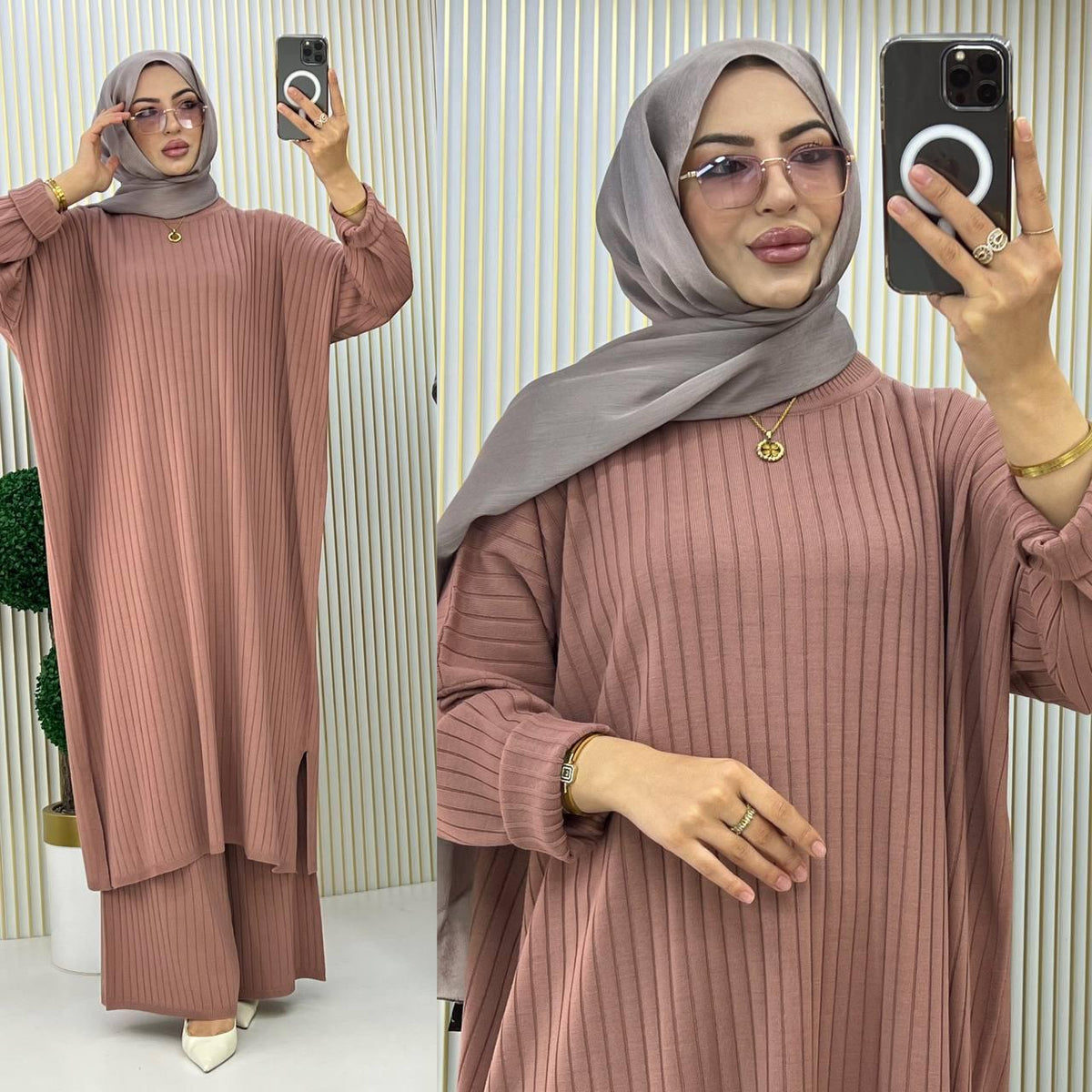 Oversized Ribbed Knit Co-ord Set | Long Tunic Top & Wide Leg Pants