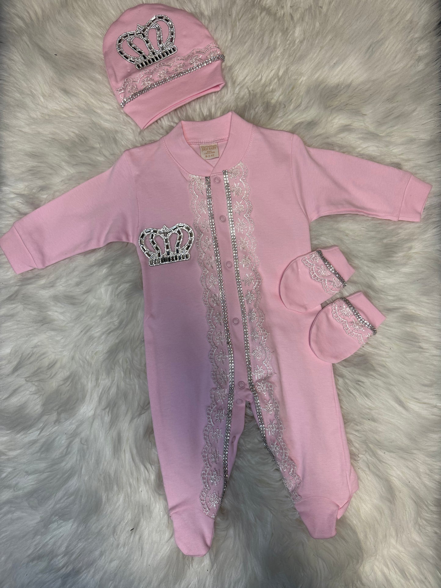 Royal Crown Baby Set - Luxury Embellished Sleeper, Beanie & Gloves