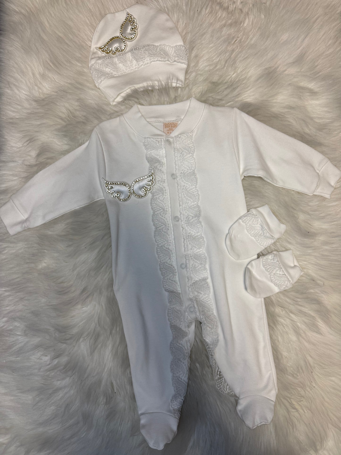Angel Wings Embellished Baby Set - 3 Pieces