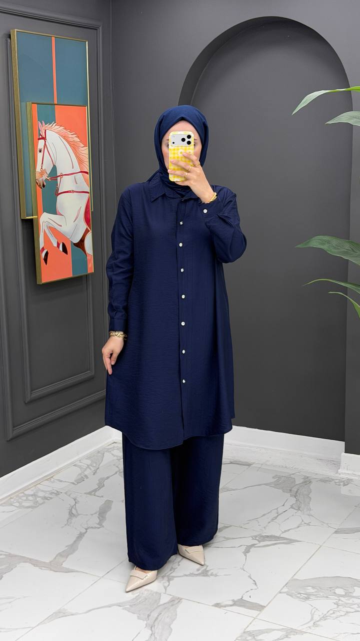 Button-Front Modest Tunic & Wide-Leg Pants Set
