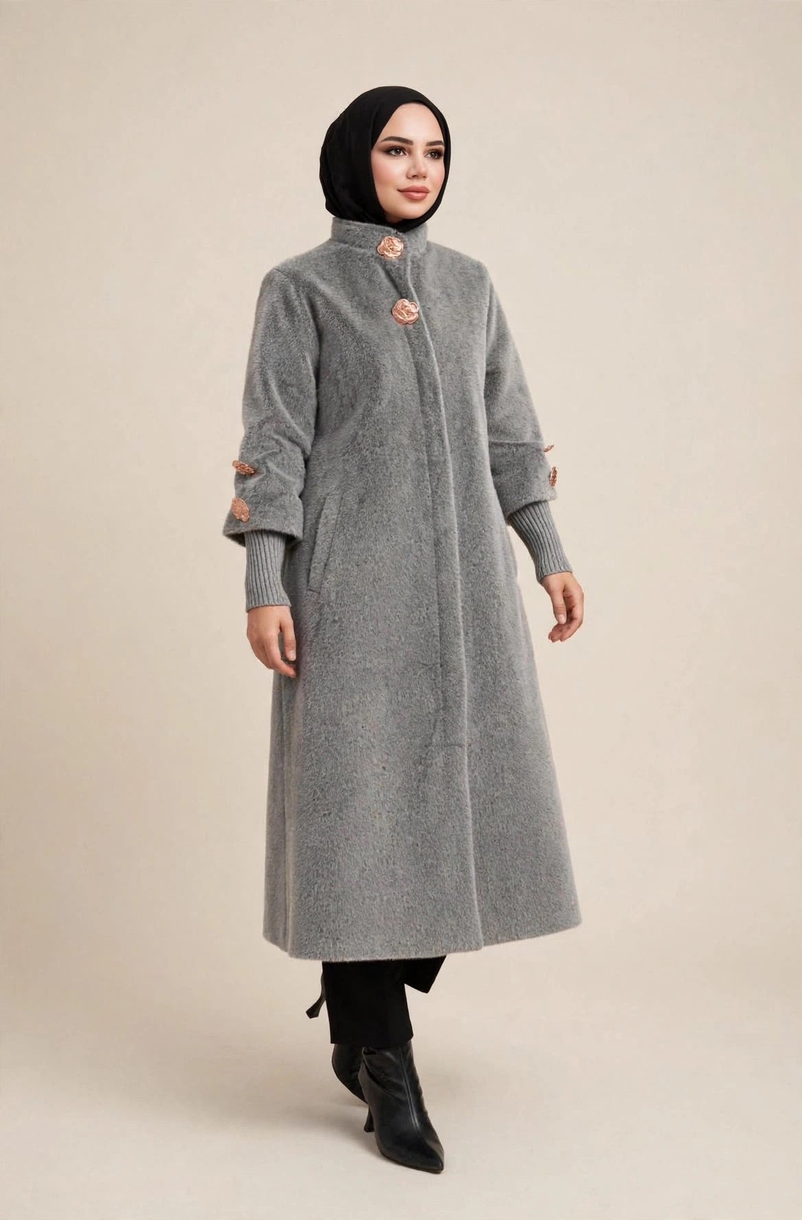 Lora Soft Fur Coat with Gold Buttons