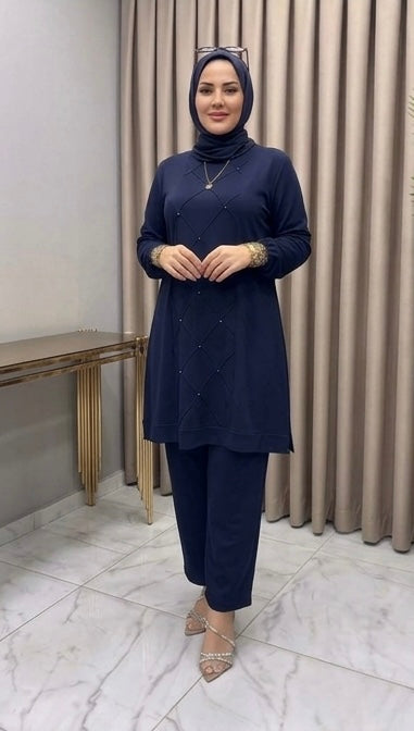 Pearl-Embellished Tunic & Trouser Co-ord Set
