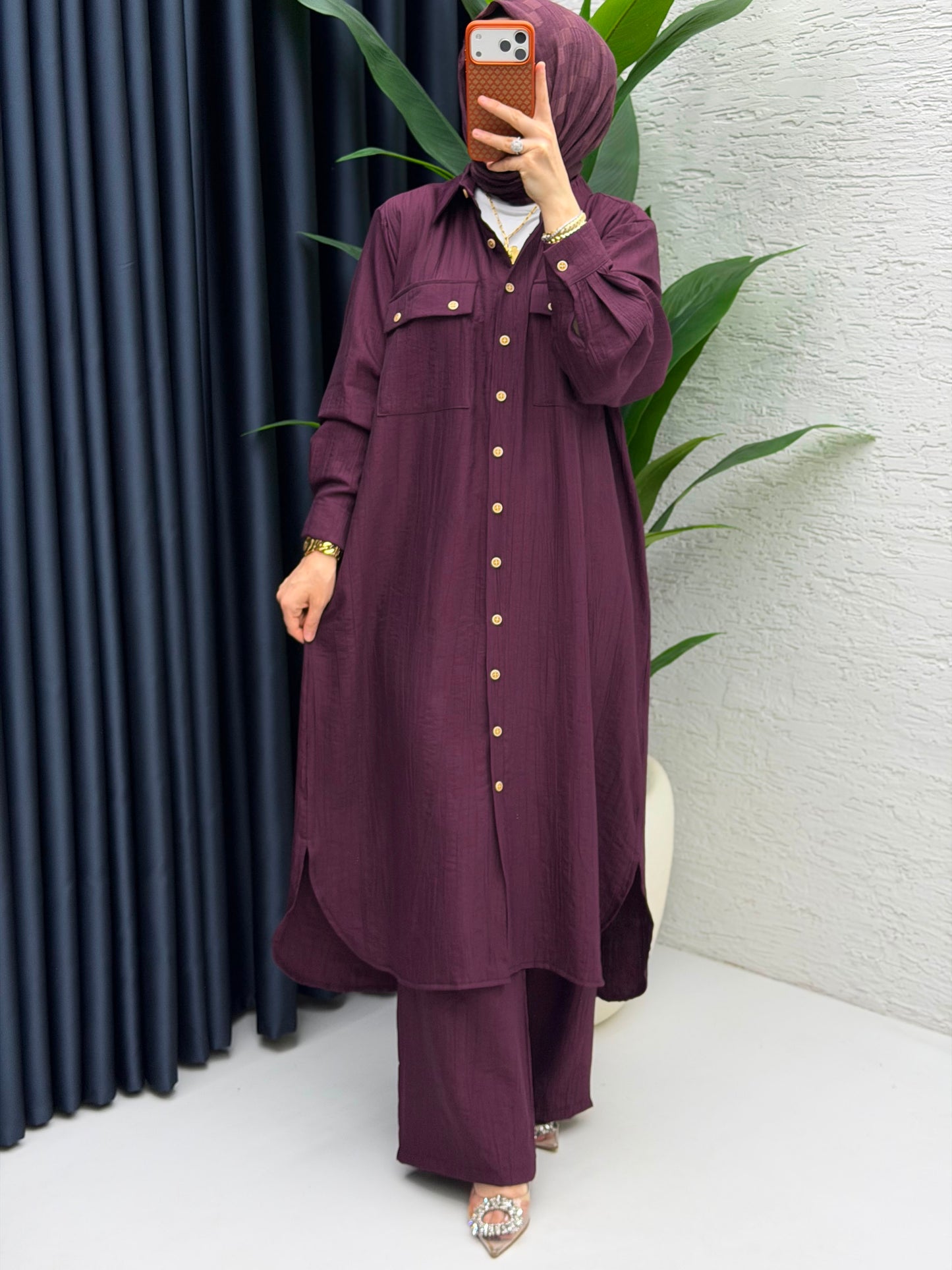 Button-Down Tunic & Wide-Leg Pants Set