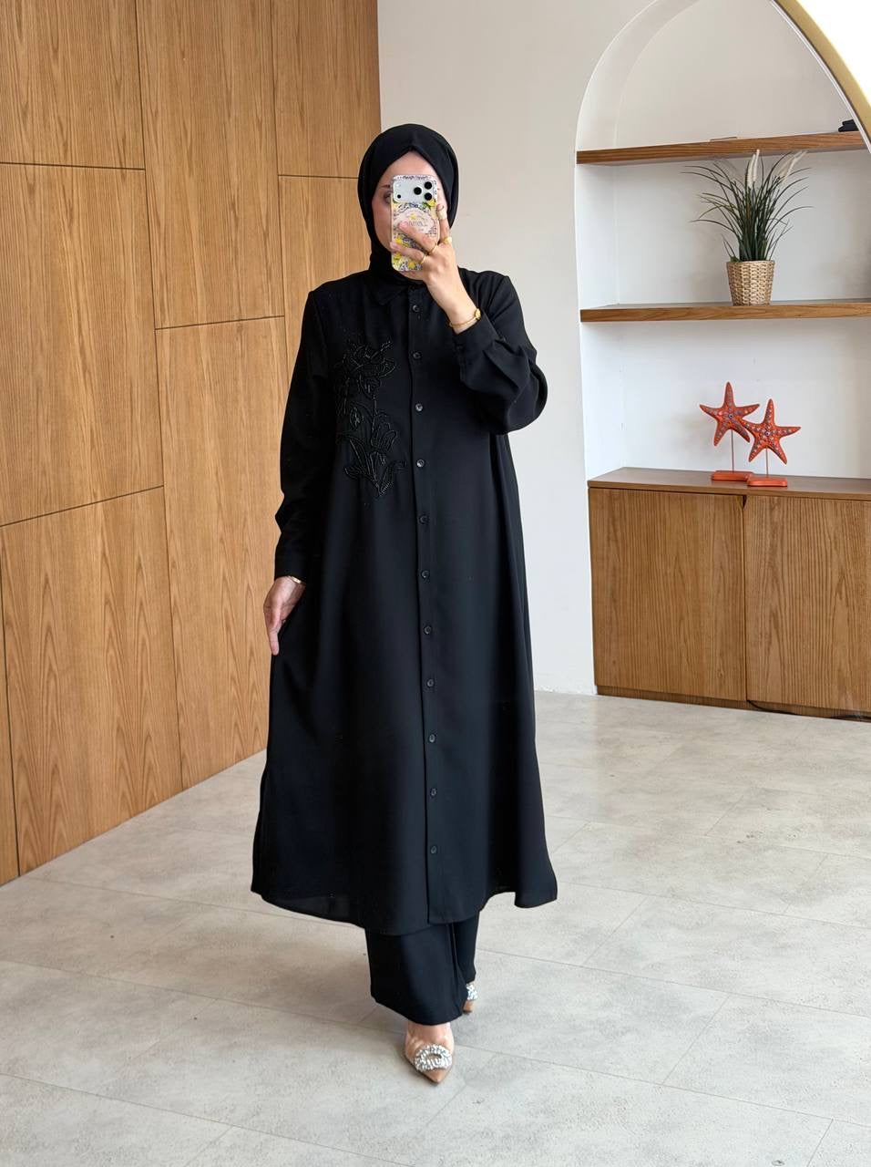 Floral Embroidered Long Shirt Co-ord Set - Modest Elegance