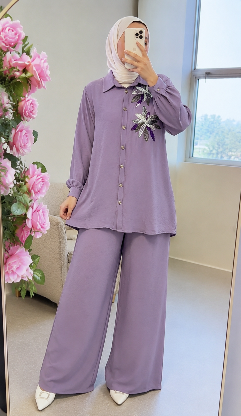 Lavender Embroidered Co-ord Set – Tunic & Wide-Leg Pants