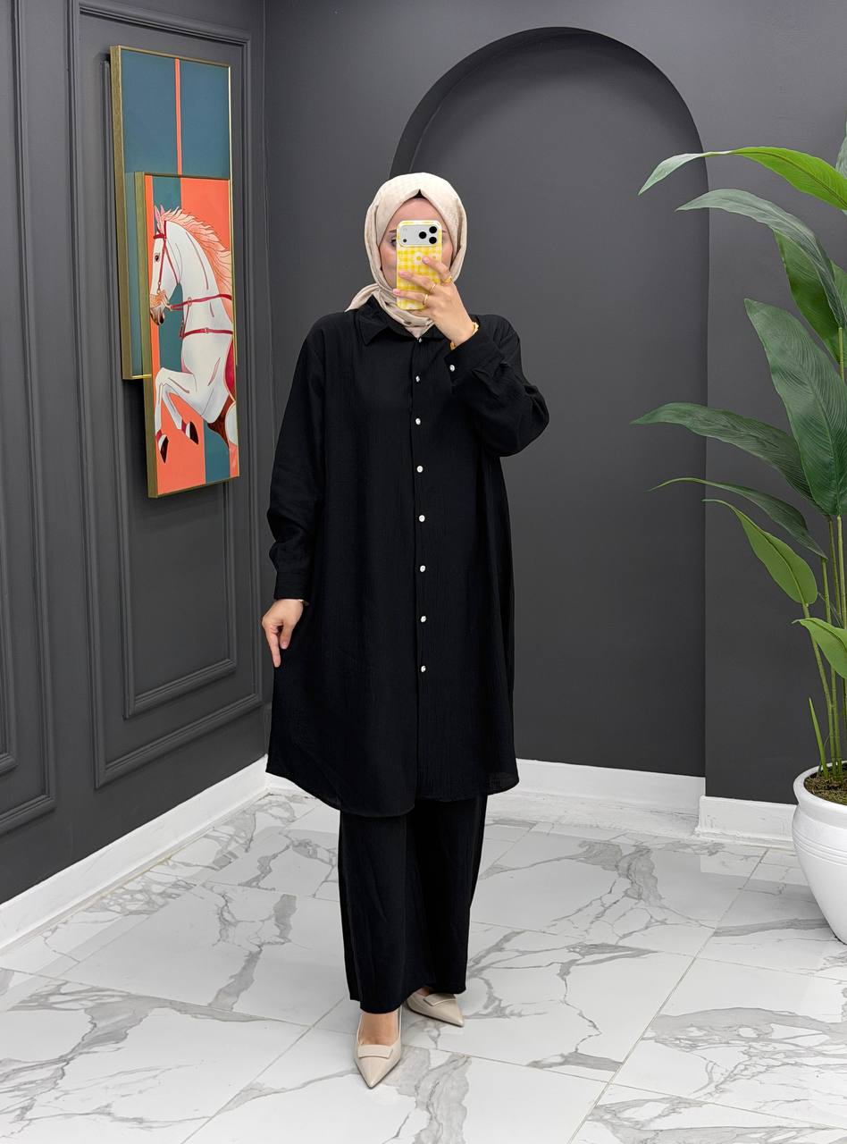 Button-Front Modest Tunic & Wide-Leg Pants Set