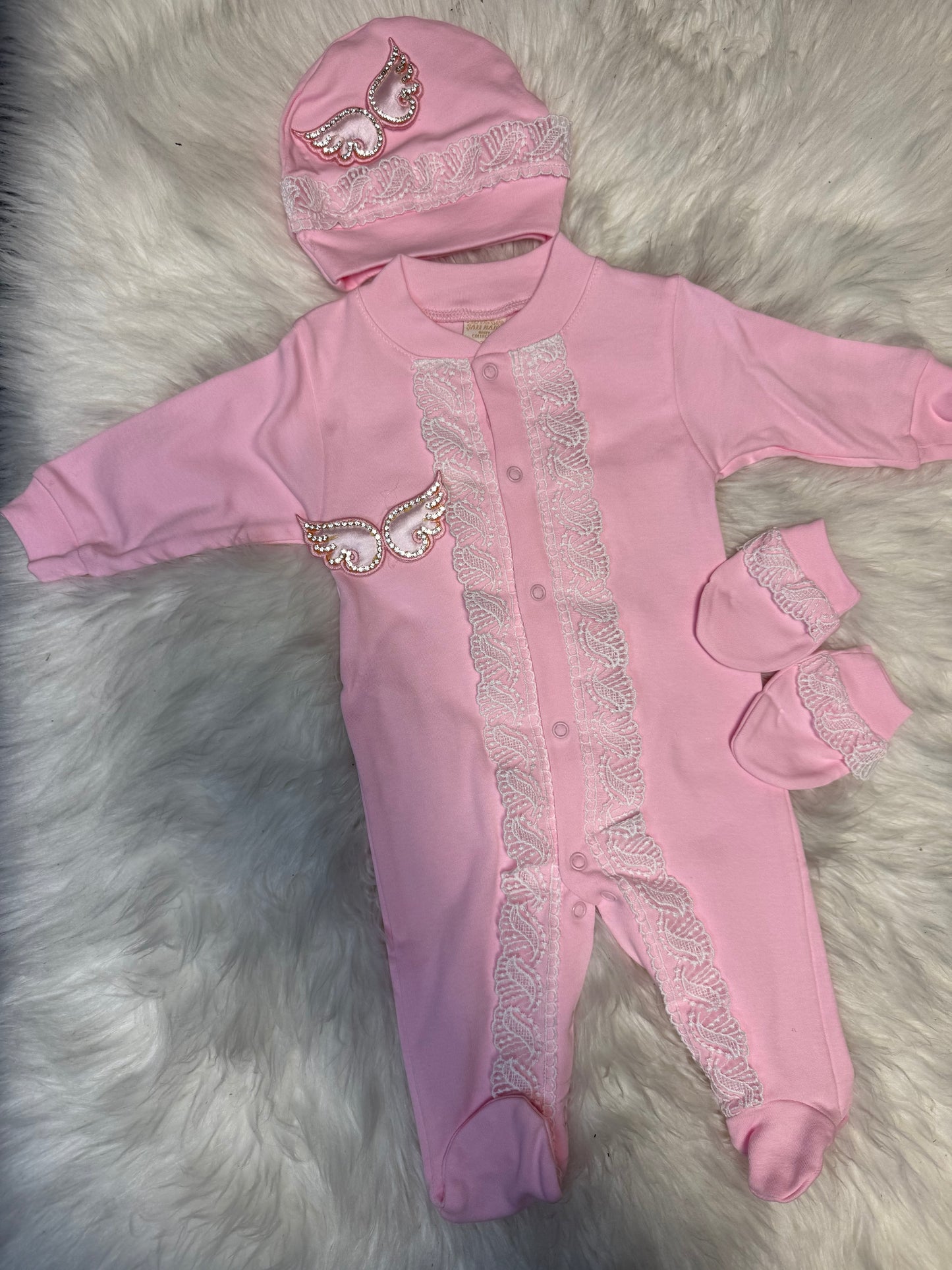 Angel Wings Embellished Baby Set - 3 Pieces