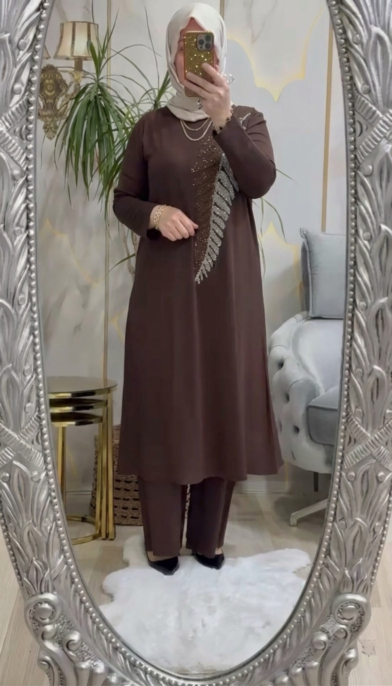 Elegant Modest 2-Piece Set with Crystal Feather Detail