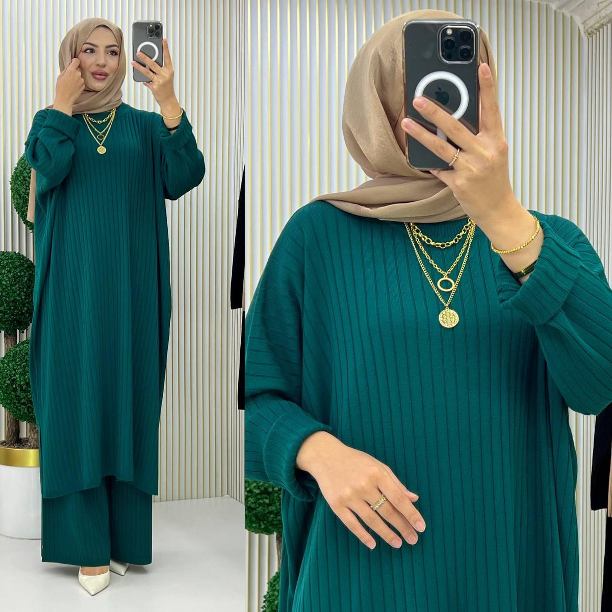 Oversized Ribbed Knit Co-ord Set | Long Tunic Top & Wide Leg Pants