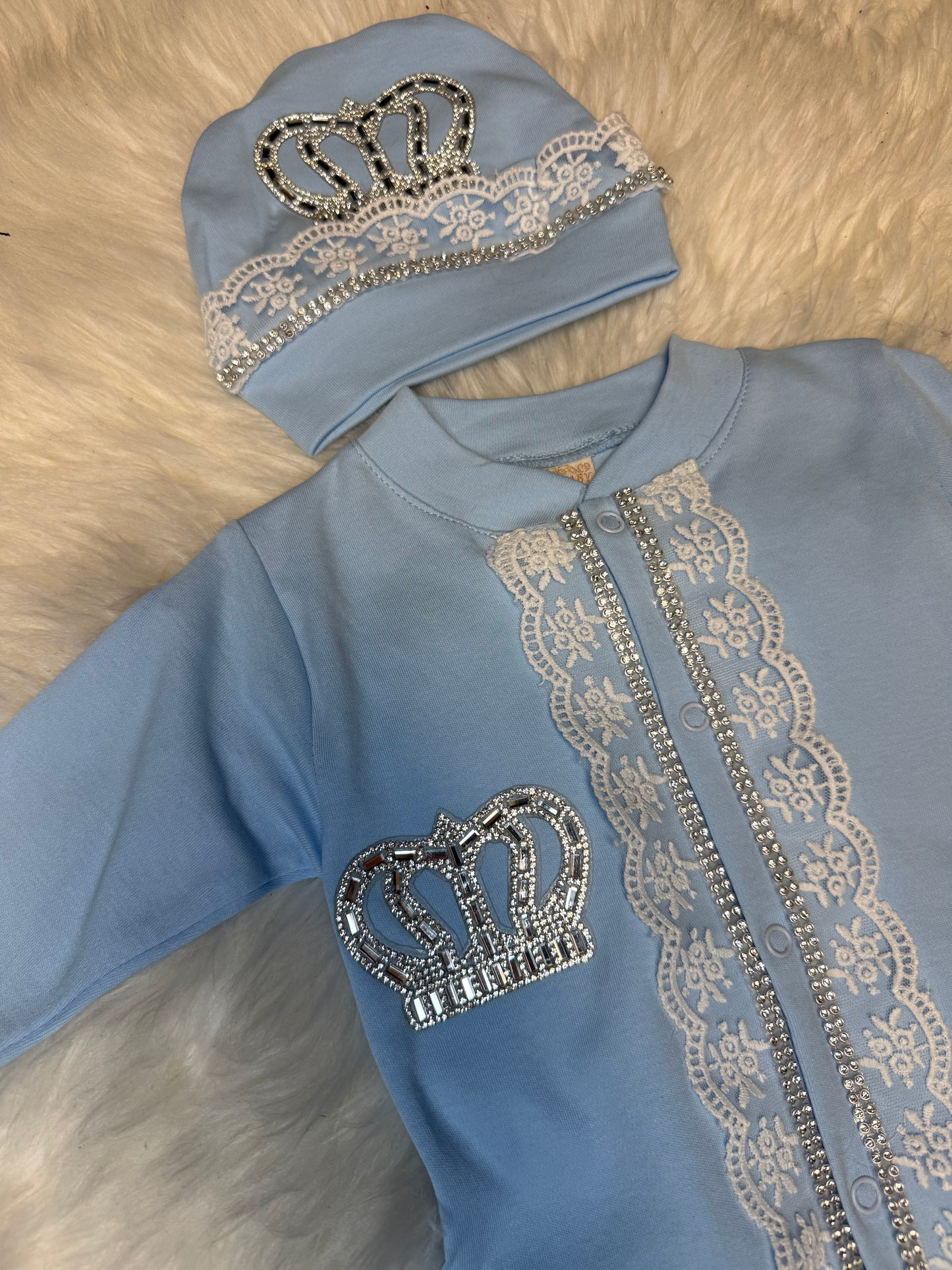 Royal Crown Baby Set - Luxury Embellished Sleeper, Beanie & Gloves