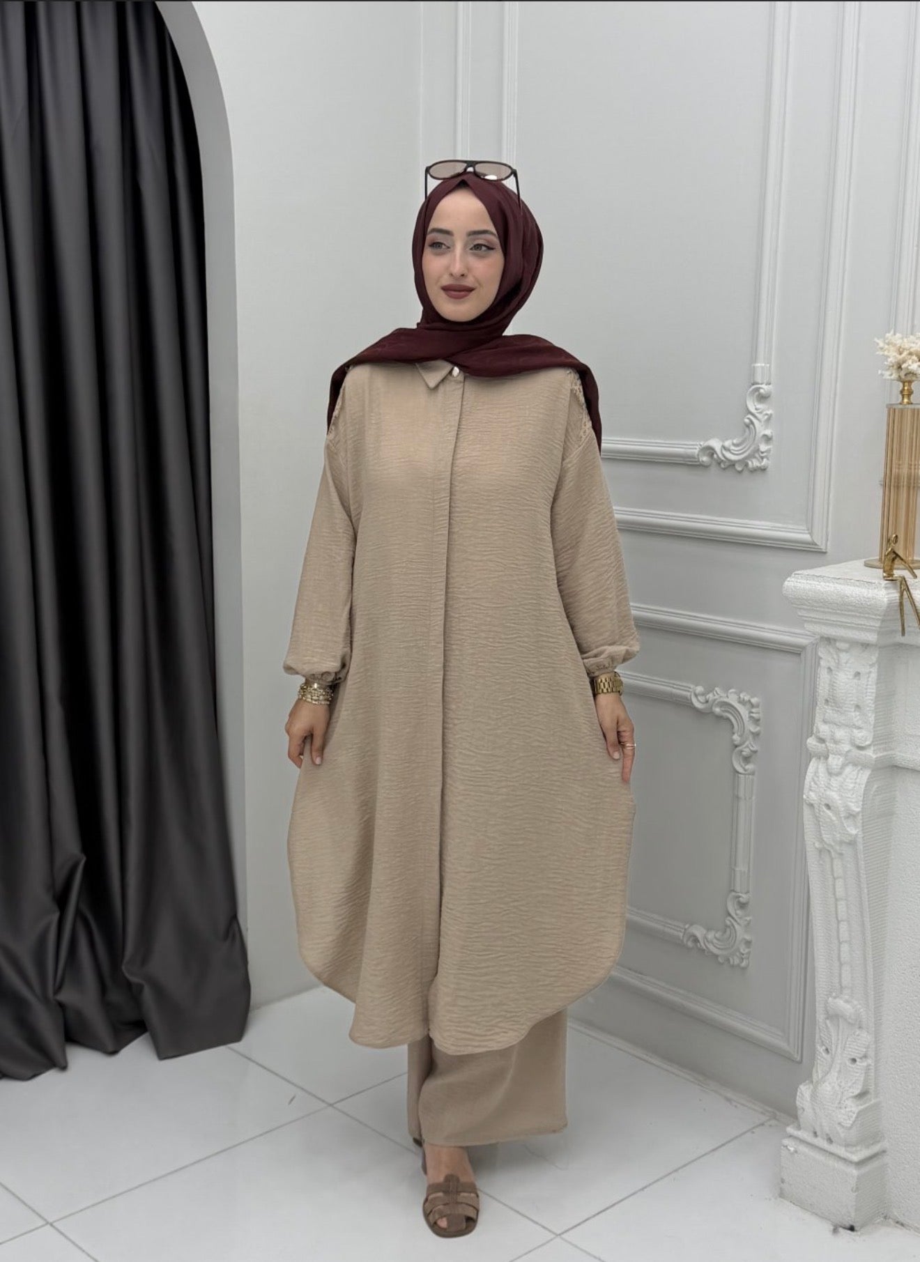 Lace-Back Longline Tunic Set - Beige back view