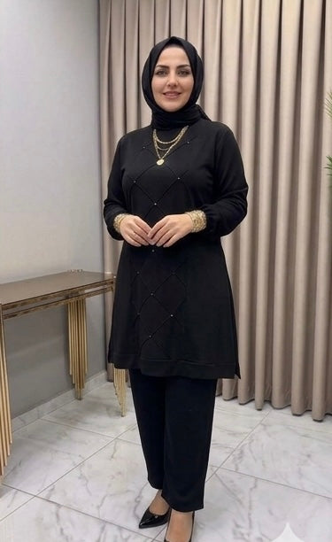 Pearl-Embellished Tunic & Trouser Co-ord Set