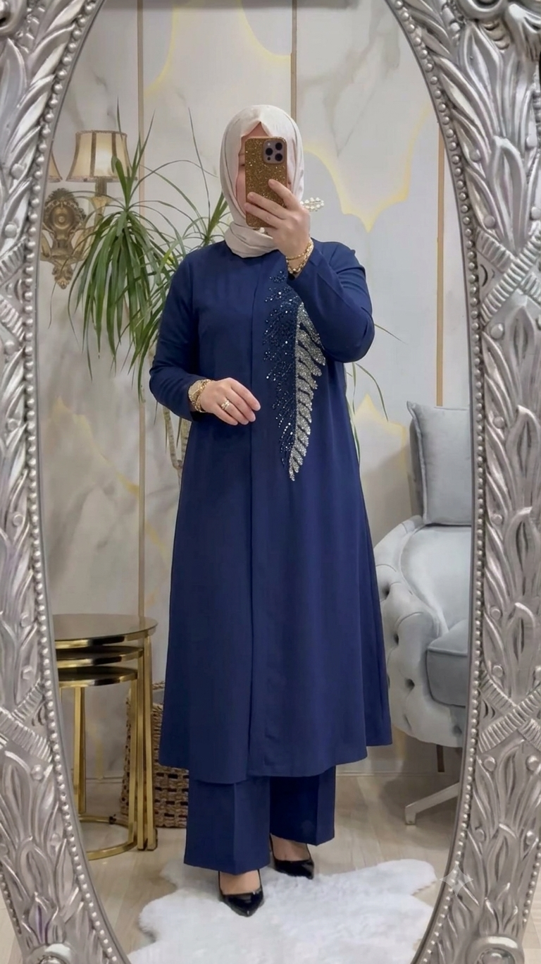 Elegant Modest 2-Piece Set with Crystal Feather Detail