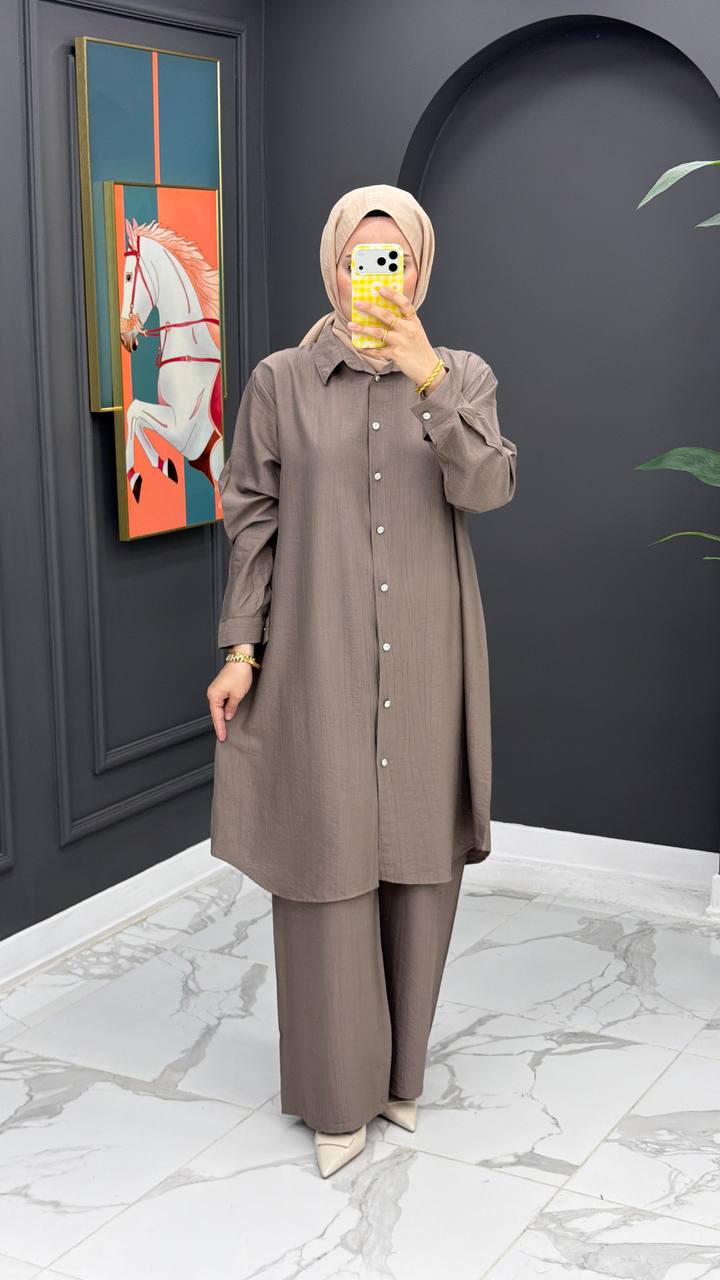 Button-Front Modest Tunic & Wide-Leg Pants Set