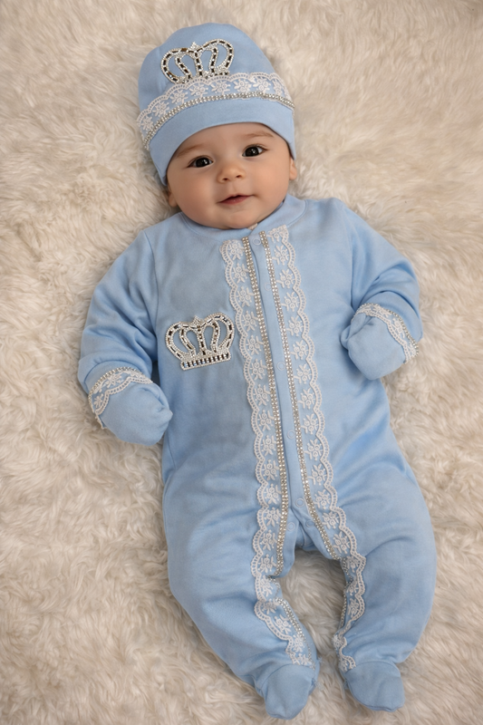 Royal Crown Baby Set - Luxury Embellished Sleeper, Beanie & Gloves