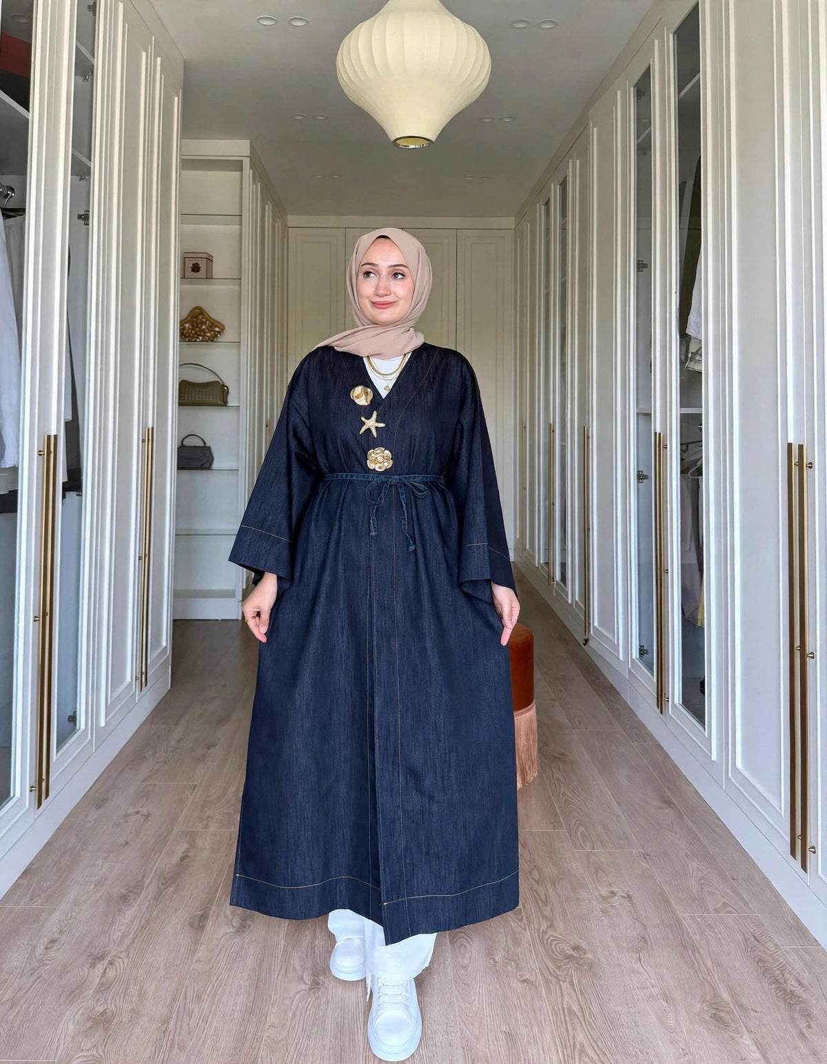 Dark Denim Kimono with Removable Gold Brooches