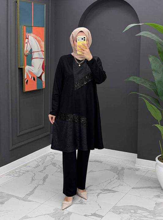 Black Sequin Tunic & Pants Set