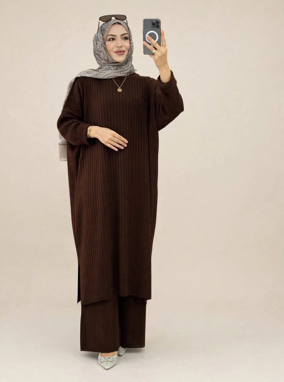 Oversized Ribbed Knit Co-ord Set | Long Tunic Top & Wide Leg Pants
