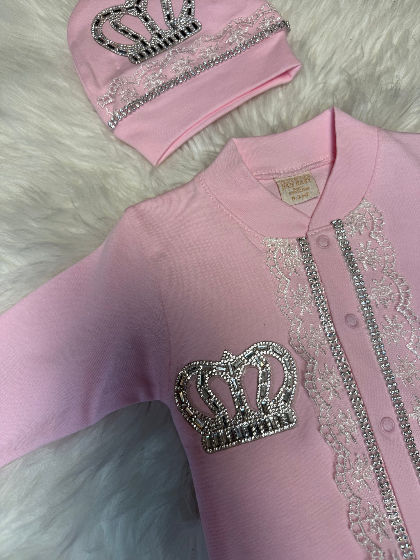 Royal Crown Baby Set - Luxury Embellished Sleeper, Beanie & Gloves
