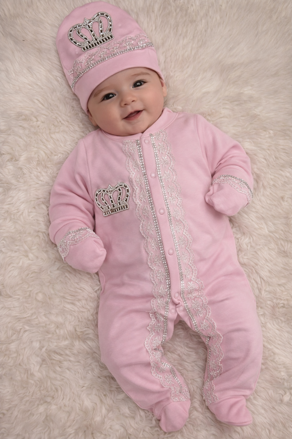 Royal Crown Baby Set - Luxury Embellished Sleeper, Beanie & Gloves