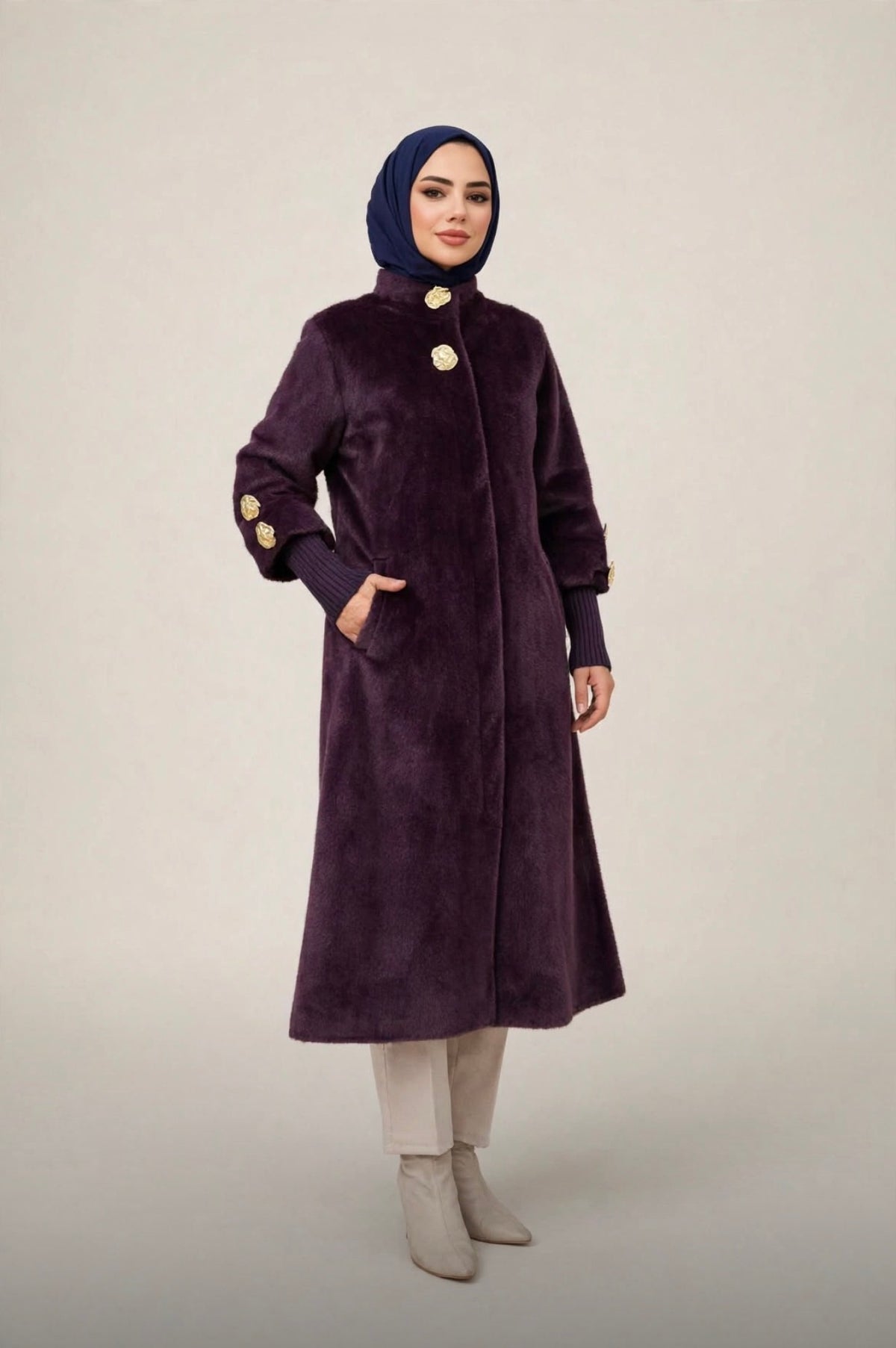 Lora Soft Fur Coat with Gold Buttons