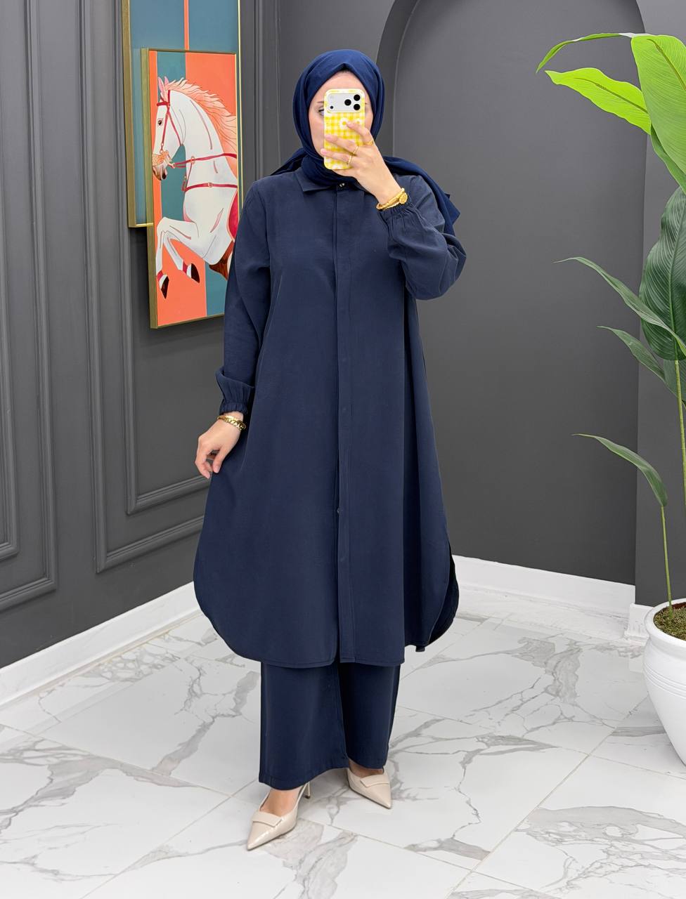 Navy Blue Modest Tunic & Wide-Leg Pants Set
