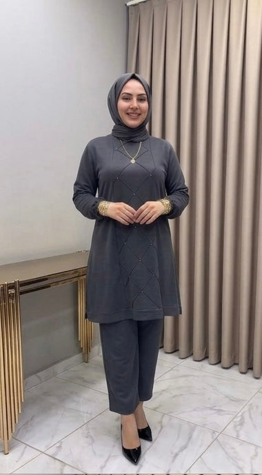 Pearl-Embellished Tunic & Trouser Co-ord Set