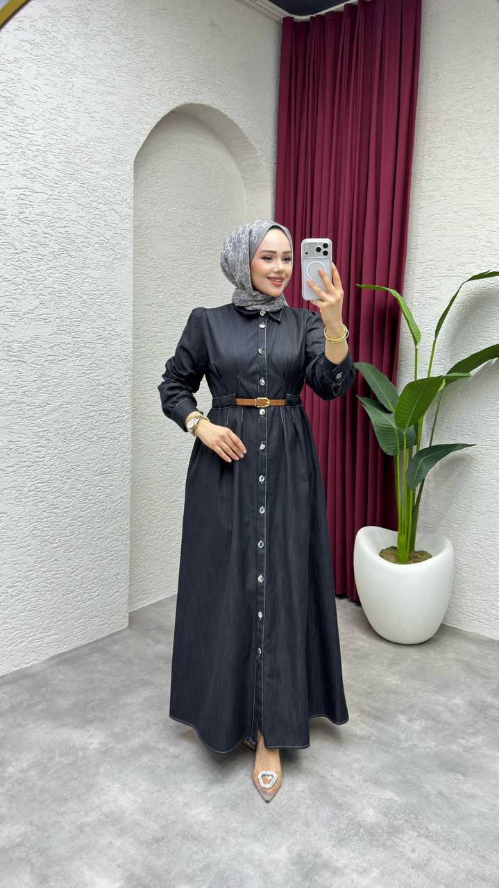Belted Denim Button-Down Maxi Dress