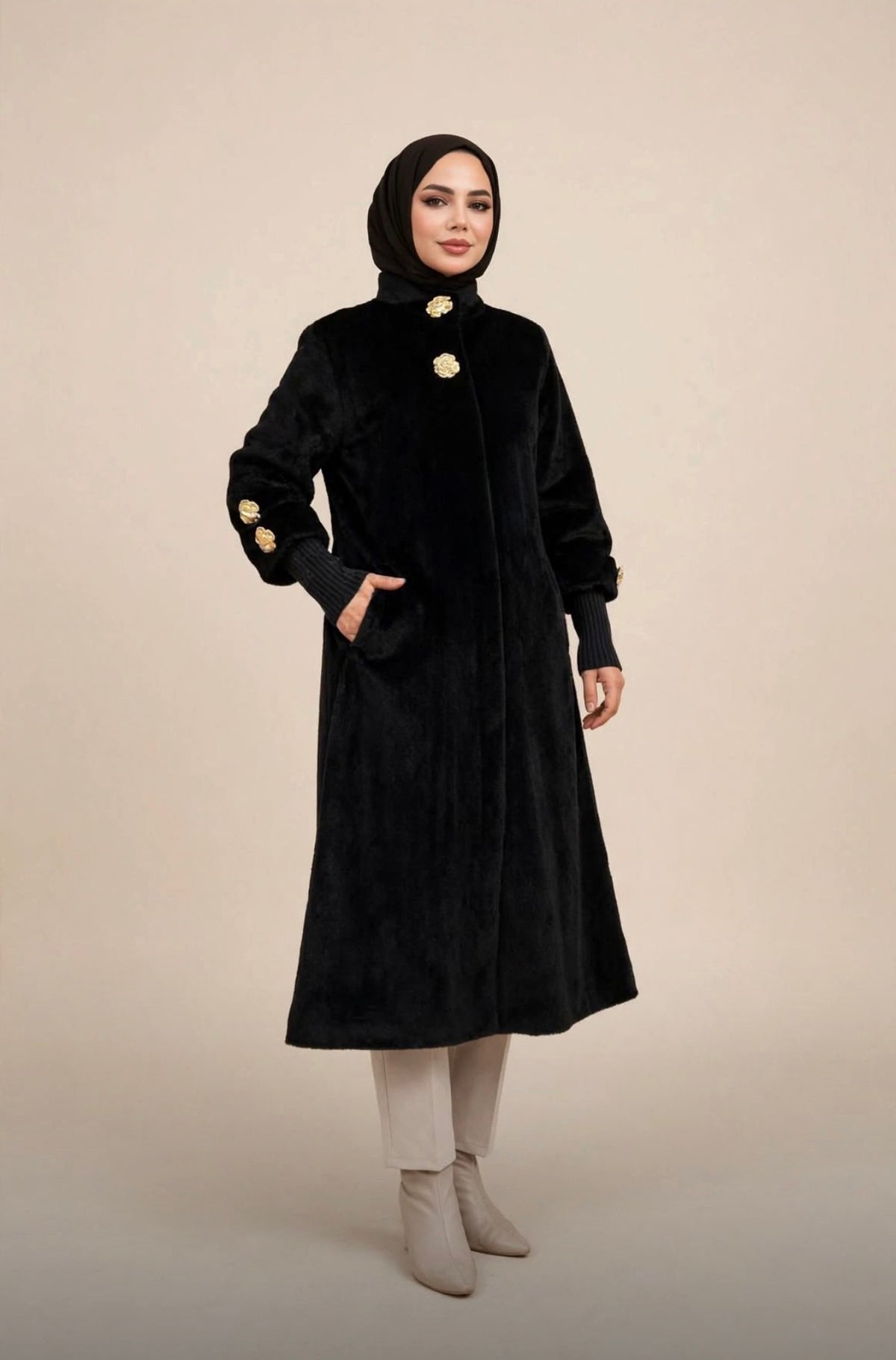 Lora Soft Fur Coat with Gold Buttons