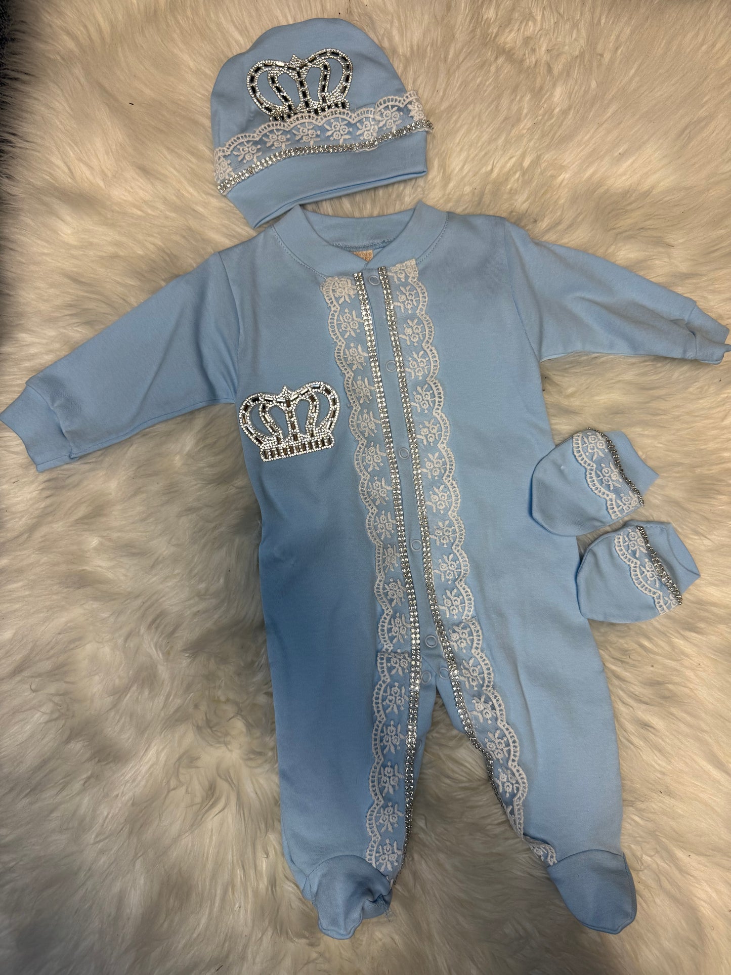Royal Crown Baby Set - Luxury Embellished Sleeper, Beanie & Gloves