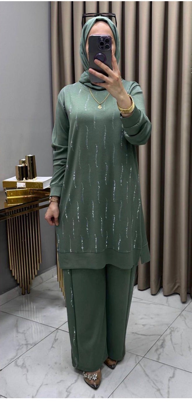 Sparkle Modest Two-Piece Set – Sage Green