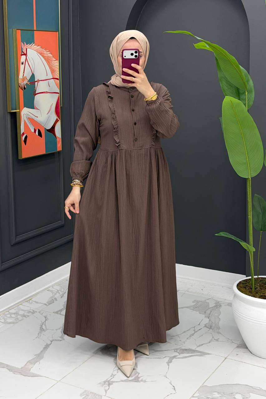 Frilled Button-Front Modest Maxi Dress – Chocolate Brown