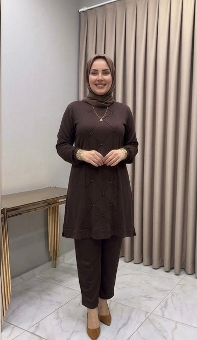 Pearl-Embellished Tunic & Trouser Co-ord Set